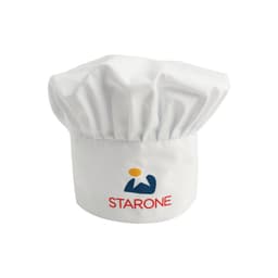 A white adult chef hat featuring a logo on the front. The hat has a classic, pleated design.