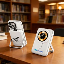 A white magnetic wireless power bank with a phone stand, positioned on a wooden table in a library setting.