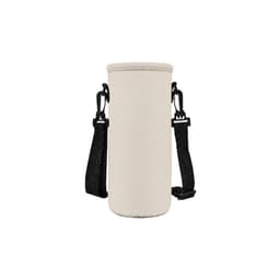 A drink bottle carrier in beige fabric with black straps, featuring clips for attachment.