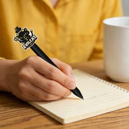 A black acrylic pen with a cartoon cat design is held over a notepad and a white cup on a wooden surface.