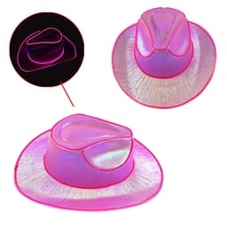 Light up cowboy hats in vibrant pink with a shiny, reflective finish, featuring a logo on the brim.