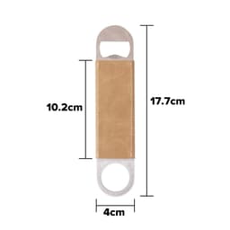 A drink bottle opener with a stainless steel design and a tan PU leather grip. It features a logo. Dimensions are provided.