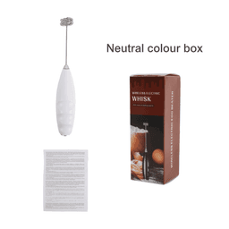 A white milk frother with a silver whisk, packaged in a neutral colour box alongside an instruction pamphlet.
