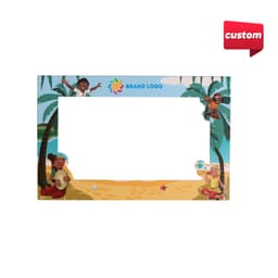A custom-shaped fridge magnet featuring a beach scene with palm trees and playful characters, in vibrant colours.