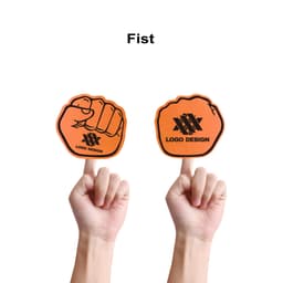 Two orange foam mitts shaped like fists, held by hands, with a logo printed on each mitt.