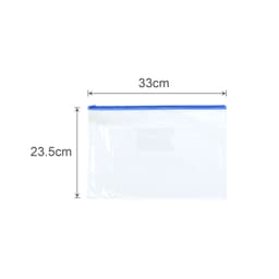 A transparent A4 file bag with a blue zip, measuring 33cm by 23.5cm, featuring a logo.