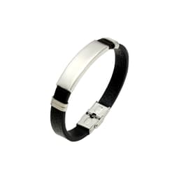 A custom leather bracelet featuring a black band and a silver-tone metal plate with a clasp fastening.