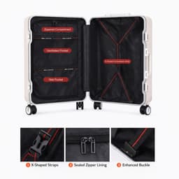 An open white ribbed ABS suitcase showcasing multiple pockets, zippered compartments, and black interior with red accents.