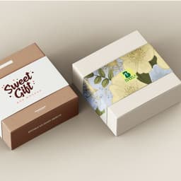 Two custom packaging sleeves, one featuring a floral design in cream and green, the other with a brown and white colour scheme and a logo.