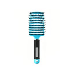 A blue detangler bristle hairbrush featuring a textured black handle and a logo on the side.