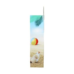 A cardboard floor display featuring a tropical beach design with colourful beach ball and seashell elements.