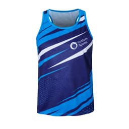 A blue and navy singlet with a dynamic wave pattern and a logo, made from 100% polyester.