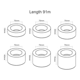 A diagram of six rolls of transparent packaging tape, each with different widths, all measuring 91m in length.