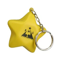 A yellow star-shaped stress reliever attached to a keyring, featuring a logo.