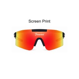 Frameless sports sunglasses with a mirrored orange lens and black accents. Features a logo on the lens.
