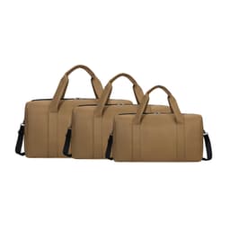 Three tan durable duffle bags of varying sizes, each with handles and an adjustable strap. Each bag has a logo.