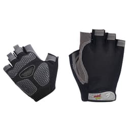 A pair of black and grey anti-slip bike gloves featuring padded areas and a fingerless design.