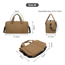 A durable brown duffle bag with adjustable straps and multiple dimensions displayed from different angles.