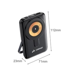 A 10,000mAh black magnetic wireless power bank with a circular charging surface and a stand. It has a logo.