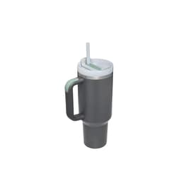 A drink bottle featuring a dark grey stainless steel body, a white lid, straw, and a green handle. Brand logo present.