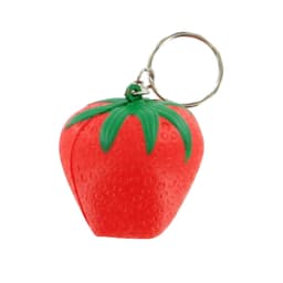 A red strawberry-shaped stress reliever keyring with green leaves and a metal keyring attachment.