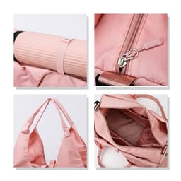 A pink duffle bag featuring a yoga mat strap, zip closure, and multiple interior pockets. Includes a logo on the bag.