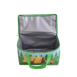 A green cooler bag with a camping design, featuring a spacious grey interior and sturdy handles.