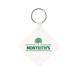 A square white keyring with a silver metal ring and a green logo design.