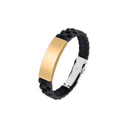 A black silicone bracelet with a gold metal clasp and a rectangular gold plate. Features a logo on the clasp.