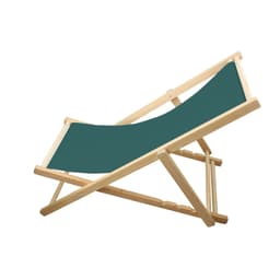 A beach chair with a beech frame and a green fabric seat, shown in a reclining position.