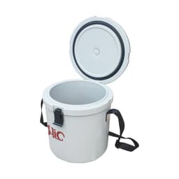 A white 12L ice bucket with a handy rope and an airtight lid, featuring a logo on the front.