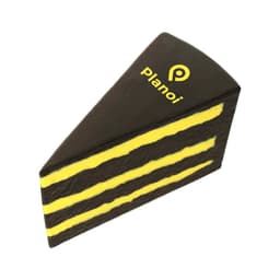 A chocolate cake-shaped stress reliever in brown and yellow, featuring a logo on the side.
