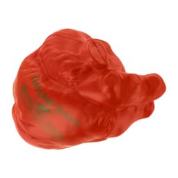 A small red heart-shaped stress reliever with a branding logo, designed as a keyring.