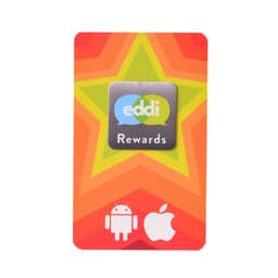 A vibrant rewards card with a multicoloured star design, featuring logos for Android and Apple.