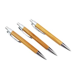 Three eco bamboo click pens with silver accents, featuring a natural bamboo body and chrome tips.
