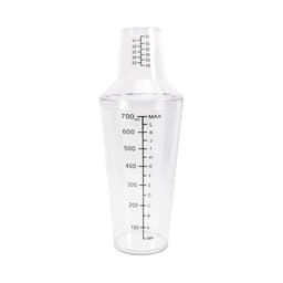 A drink bottle in clear plastic with a measuring cap featuring measurement markings on the side.
