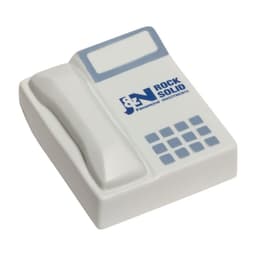 A telephone-shaped stress reliever in white and light blue, featuring a logo on the front.