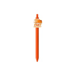 An orange acrylic pen with a clip, featuring a logo on top.