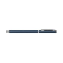 A metal gel pen in navy blue with silver accents, featuring a clip and a smooth, sleek design.