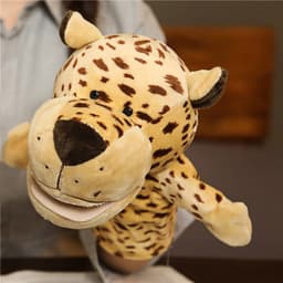 A plush leopard hand puppet in shades of yellow and brown, featuring a smiling face and embroidered details.