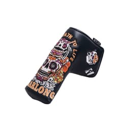 A black custom blade putter cover featuring colourful skull designs and intricate floral patterns, with branding details.