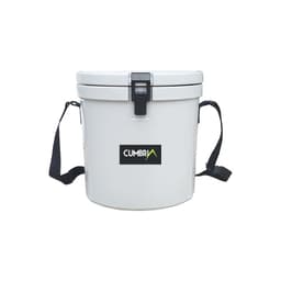 A white 12L ice bucket with a black strap and a logo on the front.