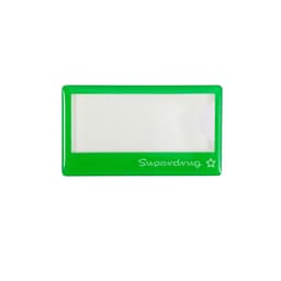 A green reusable acrylic name badge with a clear window and a logo on the bottom.