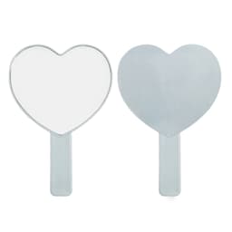 A heart-shaped handheld mirror with a shiny silver handle, reflecting a clear image on one side and a flat back on the other.