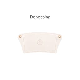 A drink bottle holder in cream leather featuring an acrylic strap and a circular logo at the bottom.