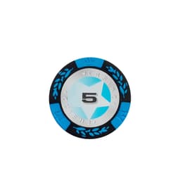 A round poker chip featuring a silver centre with the number 5, surrounded by blue and black details and a logo.
