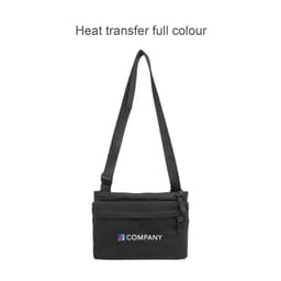 A lightweight black crossbody bag with a single adjustable strap and a logo on the front.