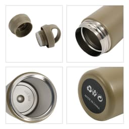 A drink bottle in matte khaki with a stainless steel interior and a handle. Features a screw-on lid and a logo on the base.