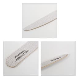 A pack of 50 wooden knife-shaped nail files in white, featuring a textured surface and measurement details.