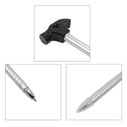 A hammer-shaped ballpoint pen with a black top and silver barrel, featuring a logo on the side.